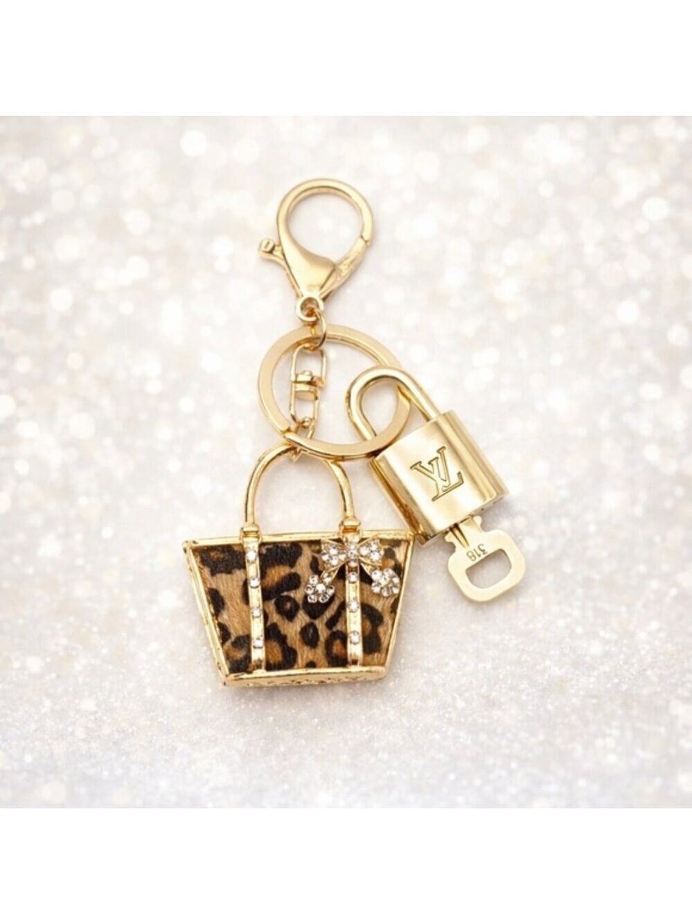 Authentic Louis Vuitton Padlock & Key Gold ✨Unbranded Leopard Bag Charm Keychain